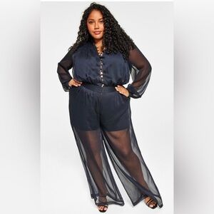 NINA PARKER Trendy Plus Size navy sheer goth‎ Button-Front Jumpsuit size 22W new